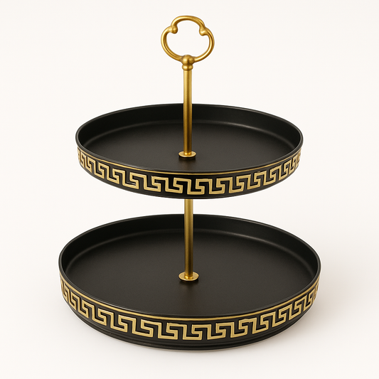 2-Tier Pastry Stand – Black & Gold Classic Design