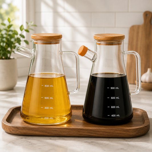 1Pc Glass Oil Pot 900ml with Bamboo Lid (Assorted Color) – Heat-Resistant Dispenser