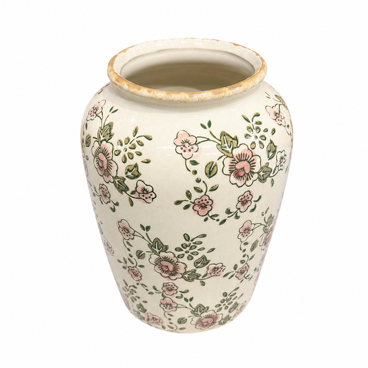 Floral Green Small Cylinder Ceramic Vase – Hand-Painted Botanical Decorative Vase for Elegant Home Styling - Habitt