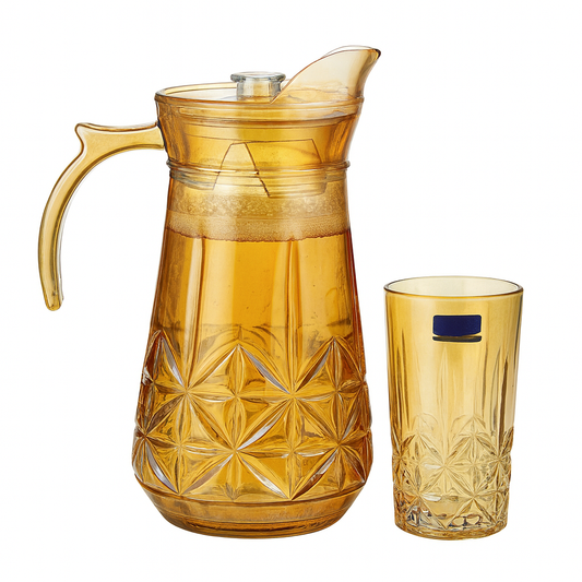 Golden-Tinted 7-Piece Water Set – 1.7 L Jug with 278 ml Glasses (Premium Cut-Design Glassware)