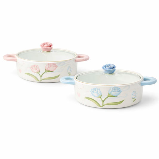 Ceramic Noodle Bowl 750ml – Floral Pink & Blue Soup Bowl with Lid