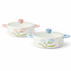 Ceramic Noodle Bowl 750ml – Floral Pink & Blue Soup Bowl with Lid