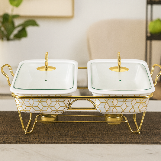 13" Twin Rectangular Ceramic Casserole With Gold Stand – Dual Serving & Warming Dish