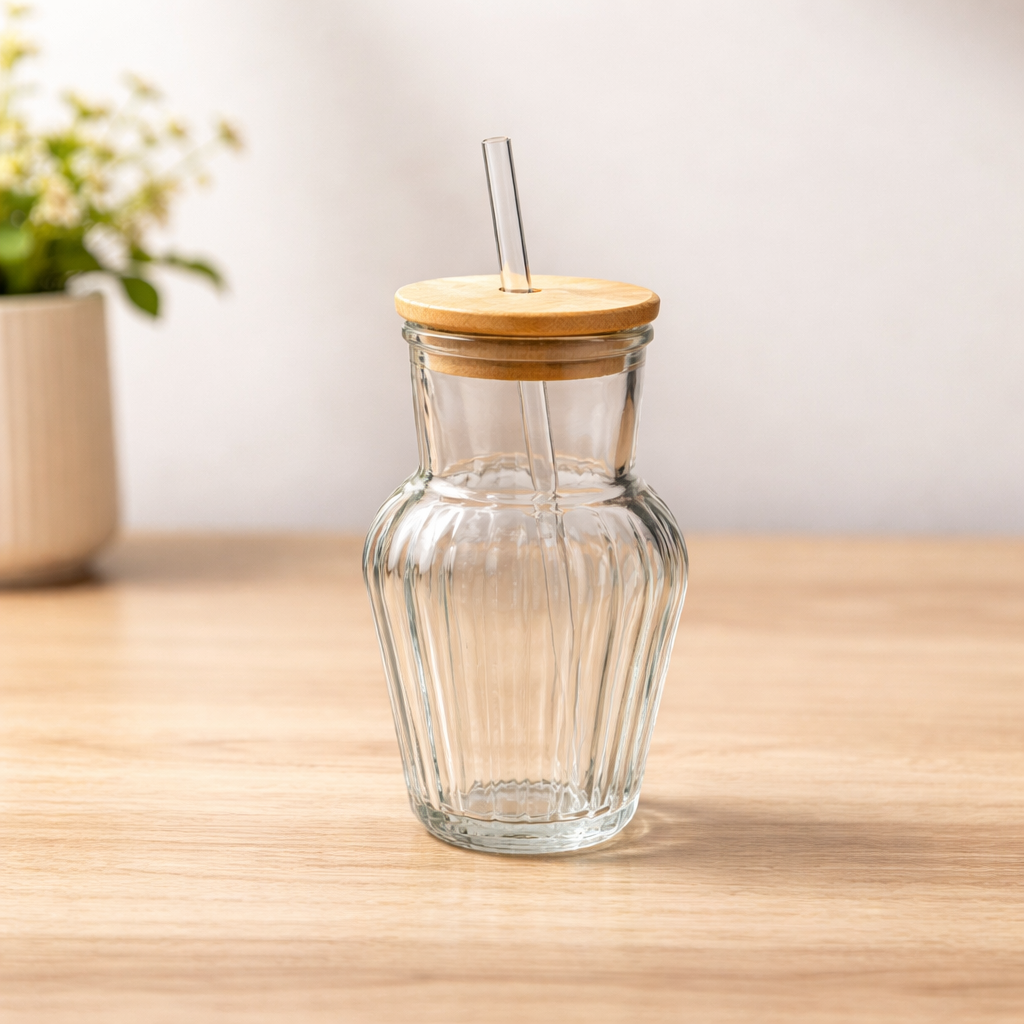 Delas Straw Glass – Elegant Ribbed Tumbler with Bamboo Lid & Reusable Straw - Habitt