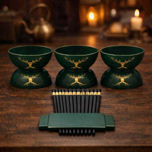 6PCS Ceramic Bowl Set with Chopsticks – Green & Gold Deer Motif | Premium Dining Set