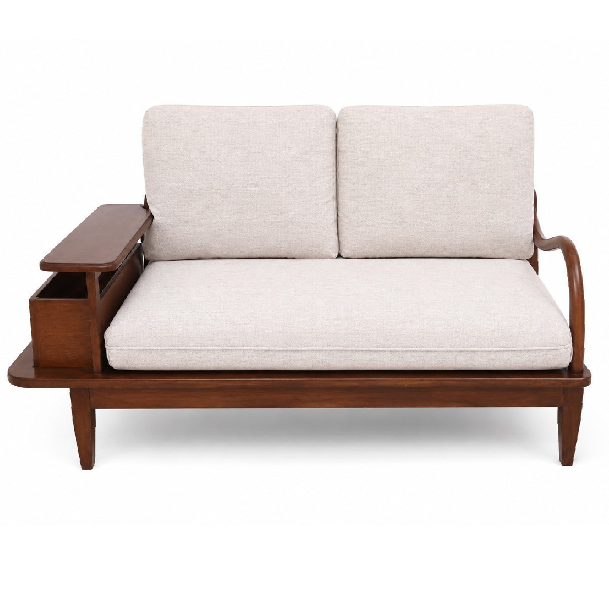 Aurra 2 Seater Sofa | Modern Wooden Loveseat with Side Storage Shelf - Habitt