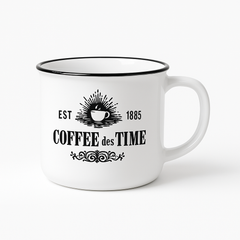 “Coffee des Time” White Ceramic Mug – Vintage Black & White Coffee Cup