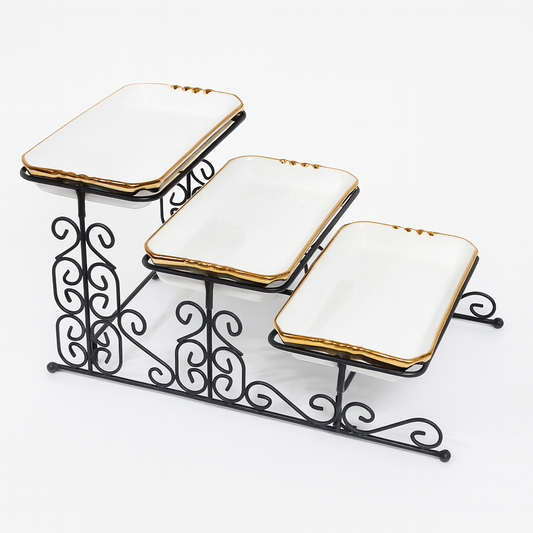 3 Step Dish Set – White Ceramic Serving Trays with Gold Rim & Metal Stand