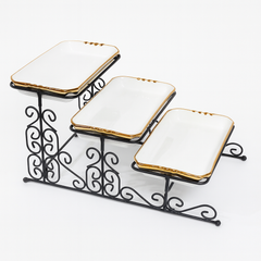 3 Step Dish Set – White Ceramic Serving Trays with Gold Rim & Metal Stand