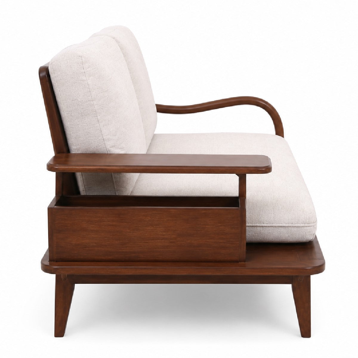 Aurra 2 Seater Sofa | Modern Wooden Loveseat with Side Storage Shelf - Habitt