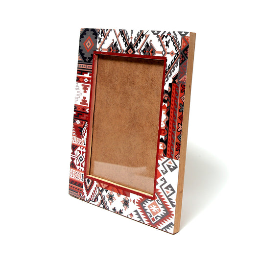 Monotone Tribal Wooden Photo Frame – Boho Geometric Printed Picture Frame with Natural Wood Finish - Habitt