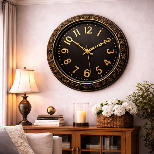 Heritage Hazel Wall Clock 14.5 Inch – Elegant Black & Gold Floral Design with Classic Numerals (Plastic)  Description - Habitt