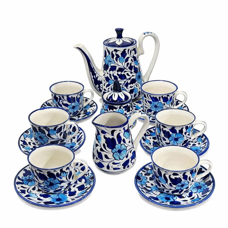 15 PCS Ceramic Blue Pottery Tea & Coffee Set – Handcrafted Elegance - Habitt