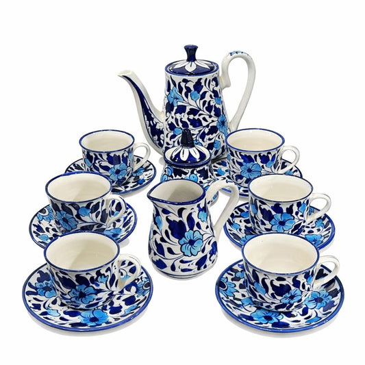15 PCS Ceramic Blue Pottery Tea & Coffee Set – Handcrafted Elegance