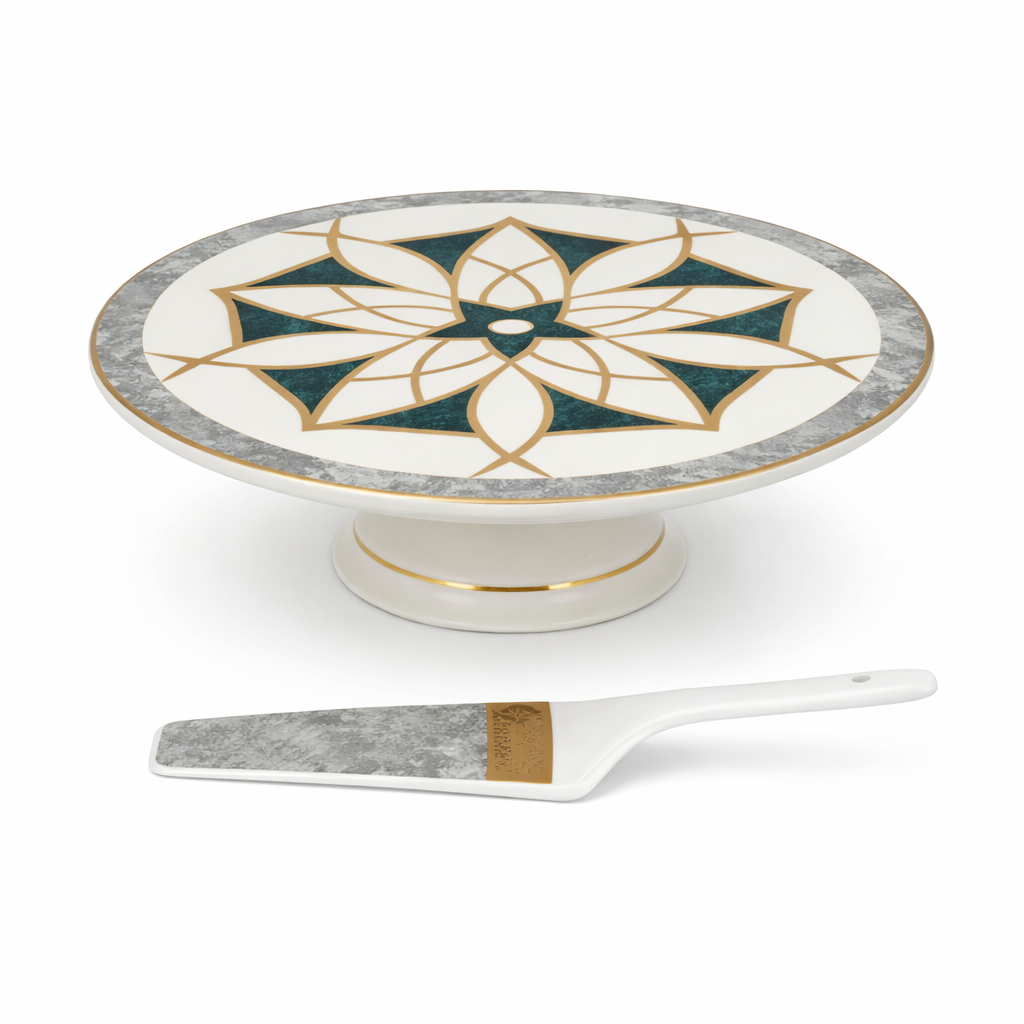 Elegant Green & Gold Cake Stand Set with Server – Decorative Pedestal Cake Plate
