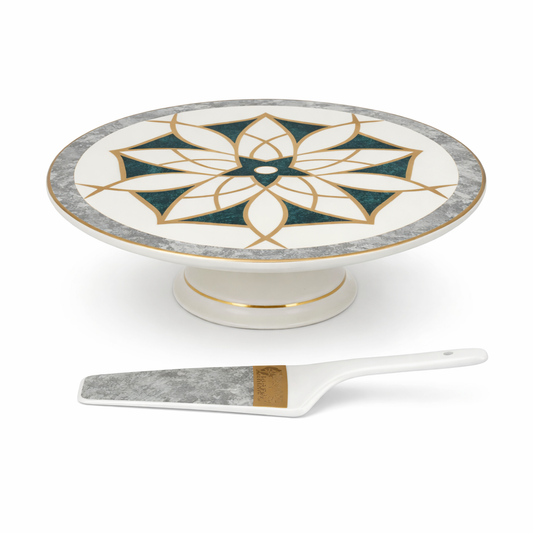 Elegant Green & Gold Cake Stand Set with Server – Decorative Pedestal Cake Plate