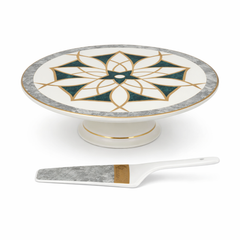 Elegant Green & Gold Cake Stand Set with Server – Decorative Pedestal Cake Plate