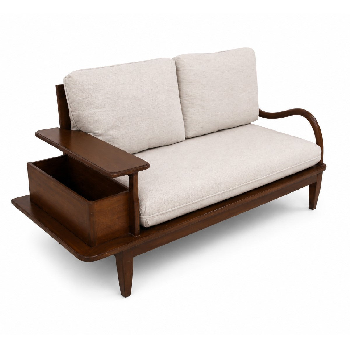 Aurra 2 Seater Sofa | Modern Wooden Loveseat with Side Storage Shelf - Habitt