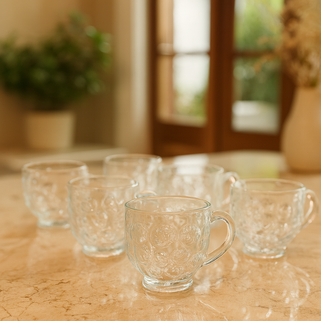 Clear Embossed Glass Cup Set – 217ml (Set of 6)