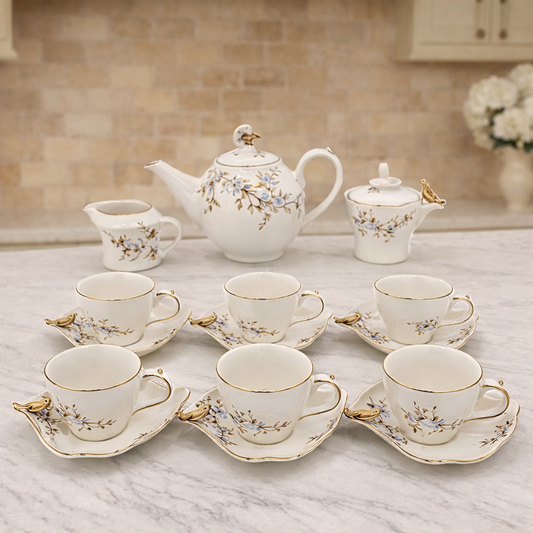 Elegant Floral Porcelain Tea Set with Gold Accents – Premium Tea Service Collection