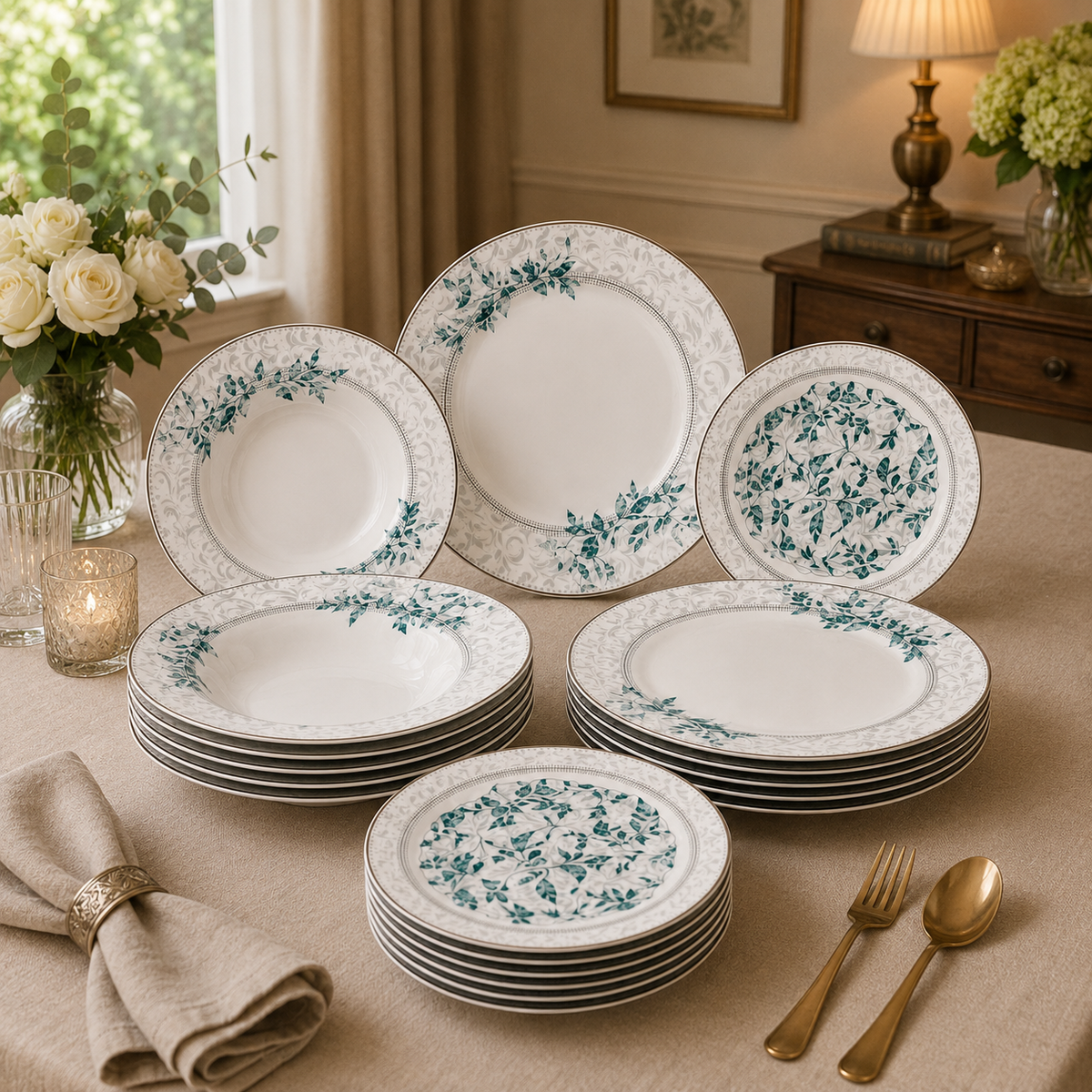Premium Porcelain Plate Set | Elegant Blue Floral Dinnerware for 6 Persons