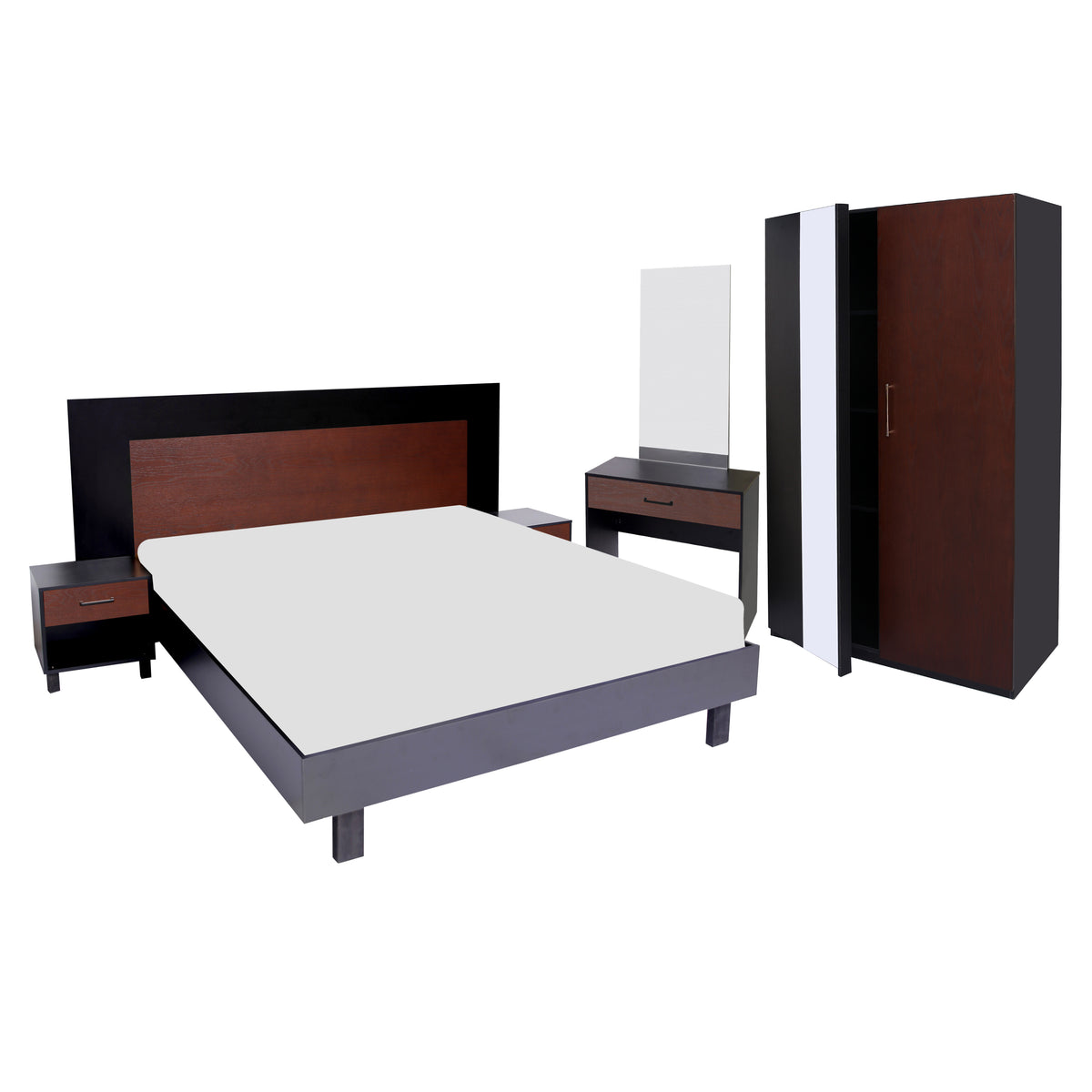 Ozmane Dark Tune Set  (bed with sides, dresser, mirror and 2 door wardrobe)