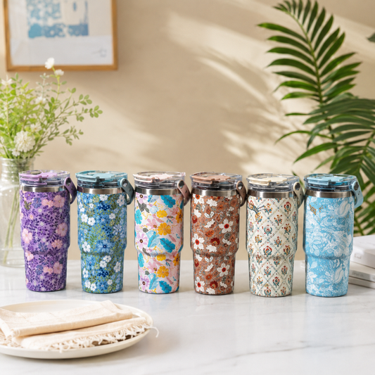 Assorted 900 ml Floral Insulated Travel Tumbler with Lid | Stylish Printed Drink Cup