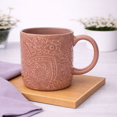 Brown Embossed Ceramic Mug 3 x 4 Inch – Rustic Stoneware Coffee Mug