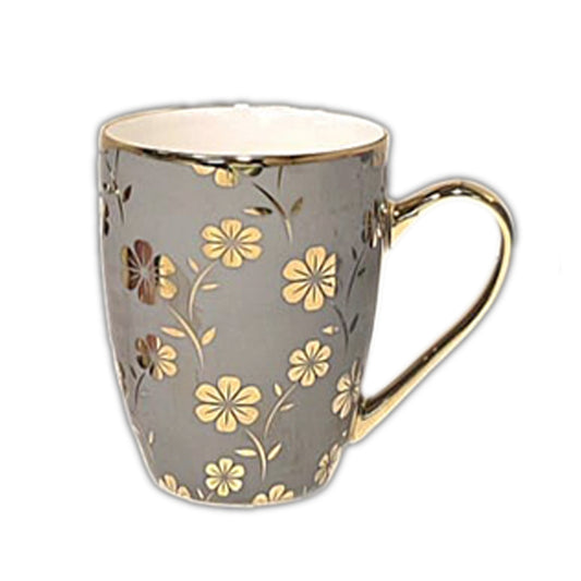 1Pc Ceramic Coffee Mug with Gold Handle – Elegant Floral Print Tea & Coffee Cup