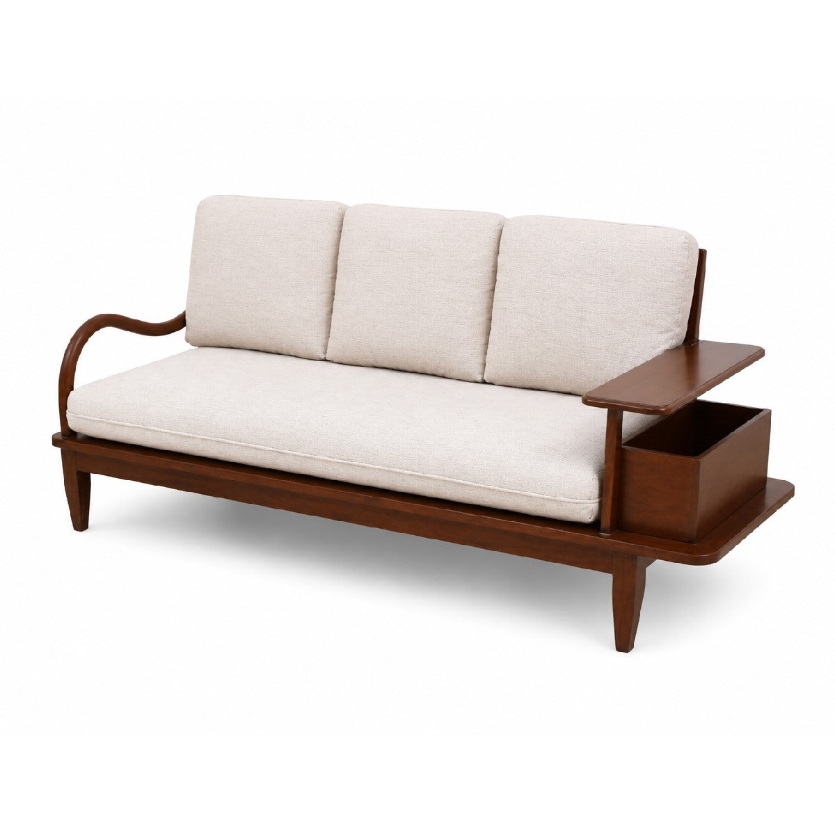 Aurra 2 Seater Sofa | Modern Wooden Loveseat with Side Storage Shelf - Habitt