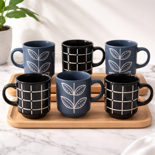 Pack of 6  Mini Ceramic Coffee Mug Set  | Modern Leaf & Grid Design Small Cups