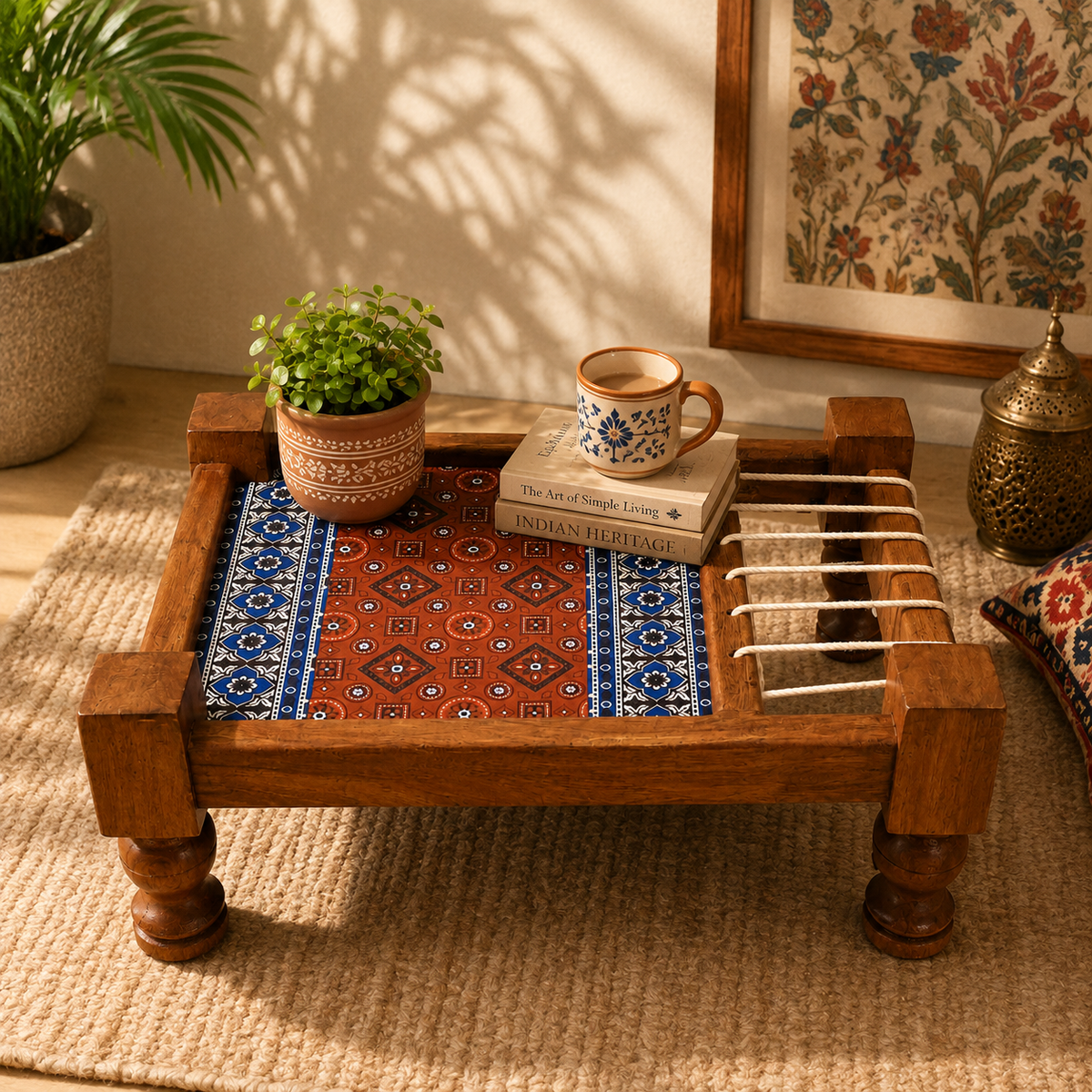 Printed Wooden Charpai Polished T Art – Traditional Mini Wood Charpai with Colorful Printed Design | Pakistani Cultural Home Décor