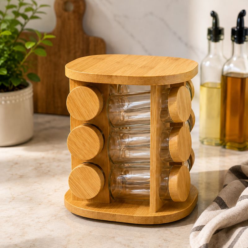 12-Piece Rotating Spice Jar Set with Wooden Stand – Kitchen Spice Organizer
