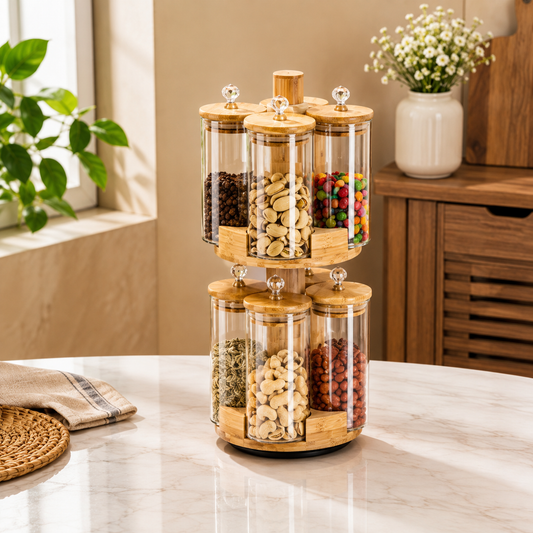 8 Piece Transparent Rotating Jar Set with Wooden Stand | Kitchen Storage Organizer