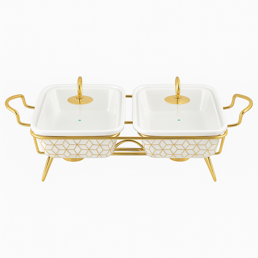 13" Twin Rectangular Ceramic Casserole With Gold Stand – Dual Serving & Warming Dish