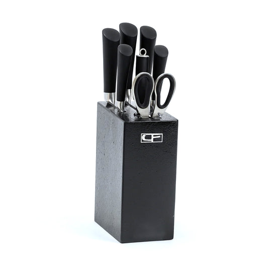 7 Pcs Stainless Steel Knife Set with Solid Block – Black Handle Kitchen Knives & Scissors