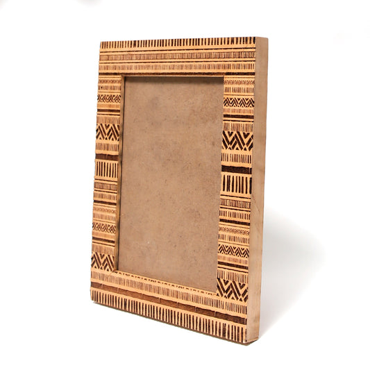 Handcrafted Monotone Wooden Engraved Photo Frame – Tribal Pattern Rustic Boho Picture Frame - Habitt