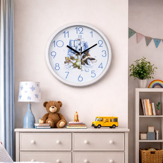 Heritage Pastel Wall Clock 12 Inch – Kids Cartoon Design with Ice Age Theme & Blue Numerals (Plastic) - Habitt