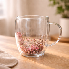 Flower Double Wall Glass Mug – Warm Pink Floral Aesthetic Cup - Habitt