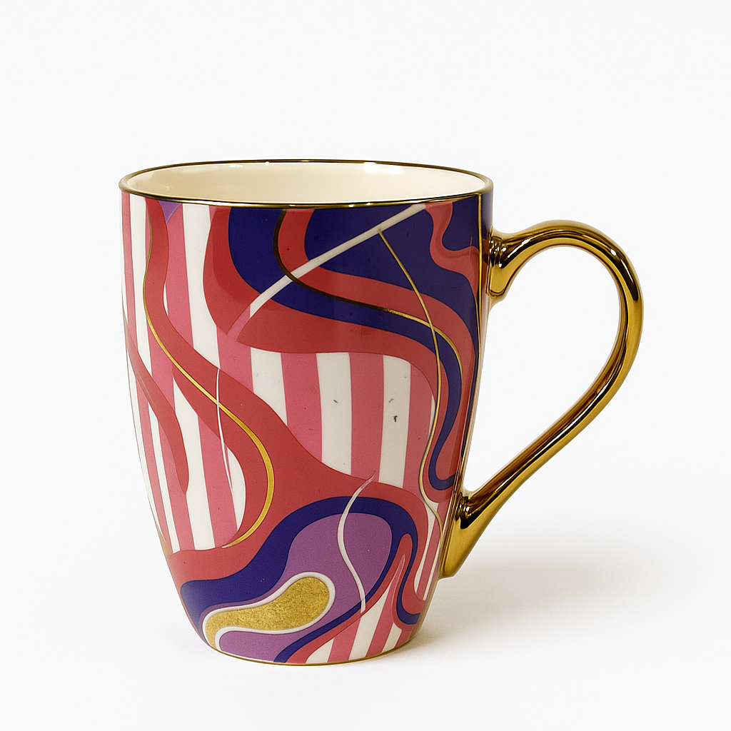 Abstract Gold Handle Ceramic Mug – Luxury Multicolor Coffee & Tea Cup