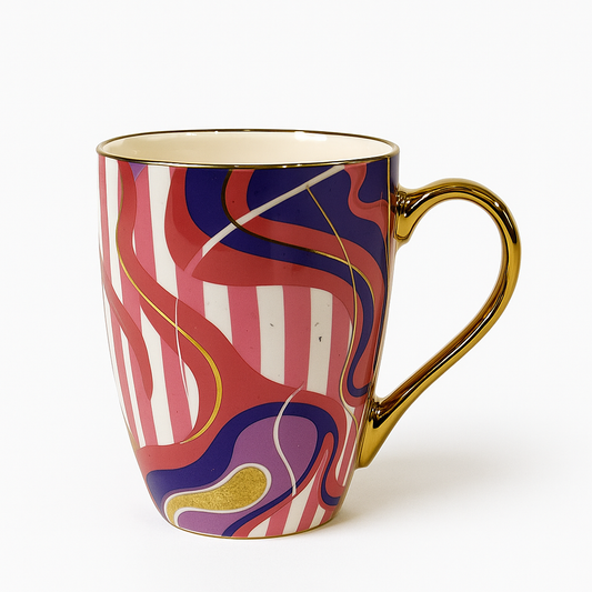Abstract Gold Handle Ceramic Mug – Luxury Multicolor Coffee & Tea Cup