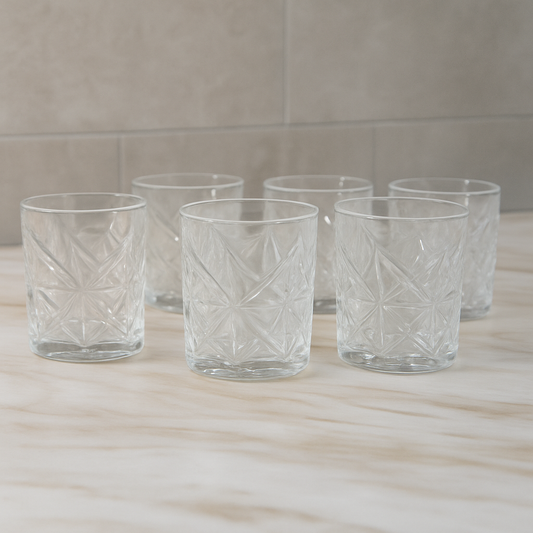 Geometric Cut Tumbler Glass Set 340 ml – Premium Clear Heavy Drinkware (6 Pcs)