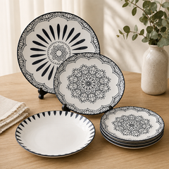 18-Piece Porcelain Set – 6 Person Serving | Monochrome Bloom Collection