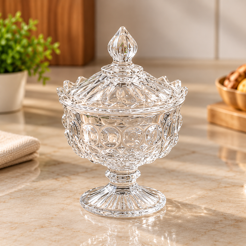 Delisoga Glass Candy Pot with Lid – Decorative Clear Candy Jar for Sweets, Chocolates, Dry Fruits, Nuts & Table Serving