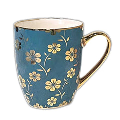 1Pc Ceramic Coffee Mug with Gold Handle – Elegant Floral Print Tea & Coffee Cup