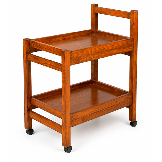 Nerra Wooden Tea Trolley | Rustic Serving Cart with Storage Shelves & Wheels - Habitt