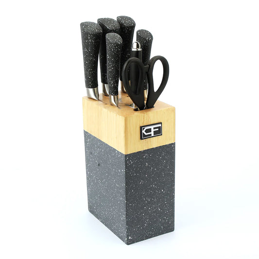 7 Pcs Stainless Steel Knife Set with Granite Block – Black Handle Kitchen Knives & Scissors
