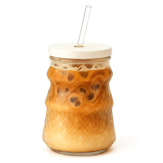 Clear Iced Tea Glass with Lid & Straw – Large Curved Drinking Jar