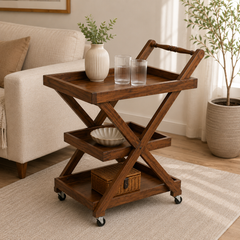 3-Step Wooden X-Design Tea Trolley with Wheels