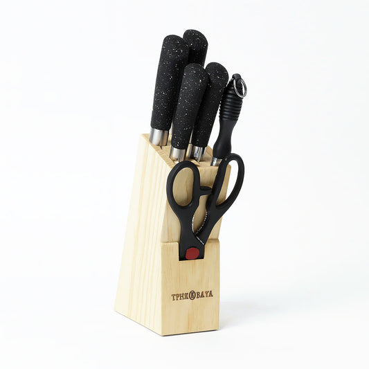 7 Pcs Stainless Steel Knife Set with Wooden Block – Black Granite Handle Kitchen Knives & Scissors